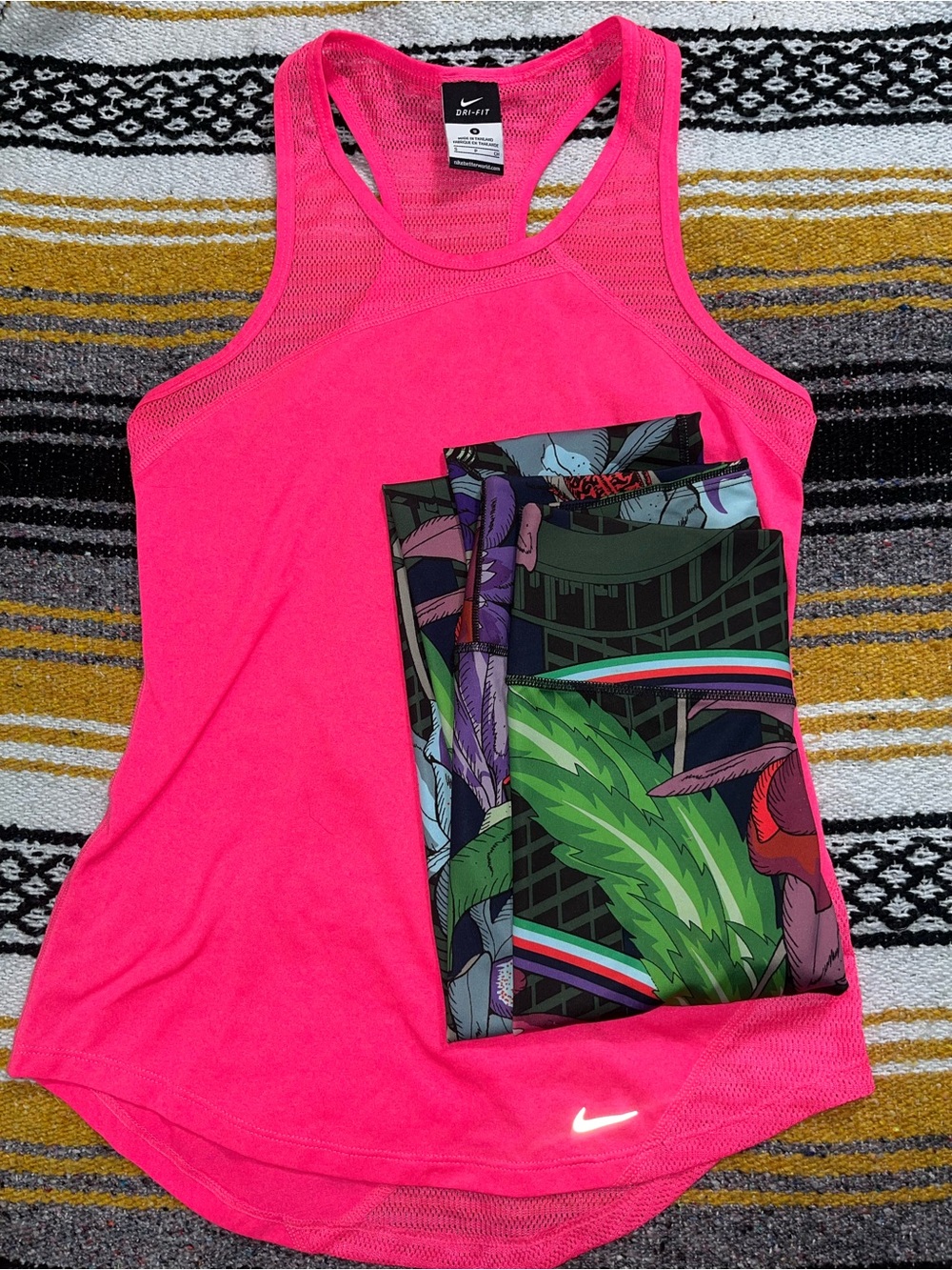 Nike Dri-FIT outfit Green, Purple & Light Blue Tropical Print Leggings and tank